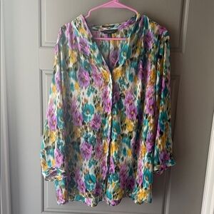 Investments Vibrant Patterned Blouse with Purple, Teal, and Yellow